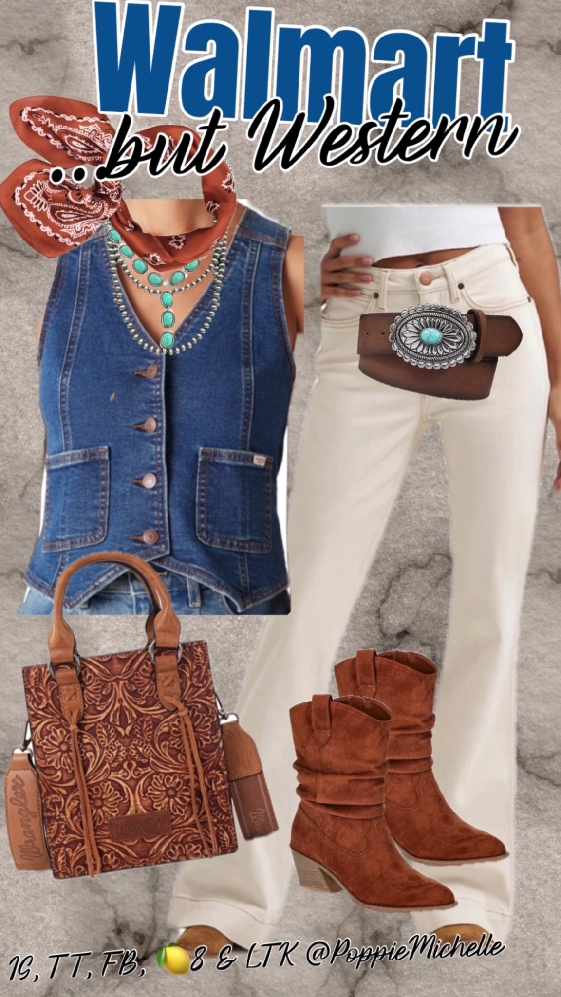 Walmart ... but Western. It's Rodeo Season here in Texas. If you are anything like me I want to be cute but | still want to have money in my pocket yet trust who I'm shopping with.
These white wranglers trouser jeans and denim vest screams timeless pieces that will never go out of style. Tossing in a tooled leather purse and brown boots, belt and bandanna and you are off to the Rodeo.

#LTKdayinmylife #LTKgrwm #LTKootd
