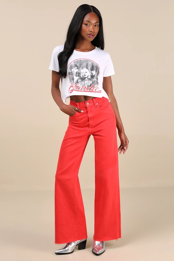 Far Out Red High-Rise Raw Hem Wide-Leg Jeans | Lulus