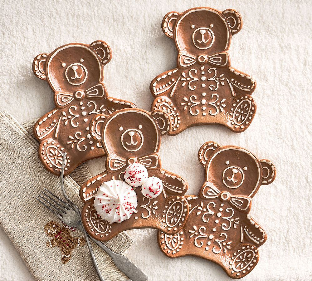 Gingerbread Teddy Bear Stoneware Appetizer Plates - Set of 4 | Pottery Barn CA