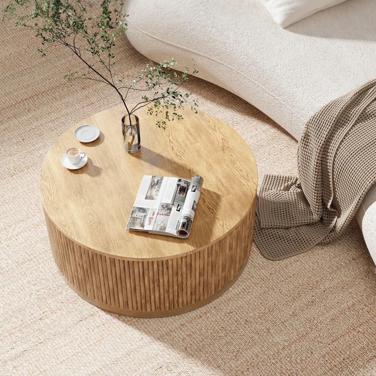 Chibuzor 36"W Round Coffee Table With Ash & Oak, Handcrafted Solid Wood Fluted Design | Wayfair North America