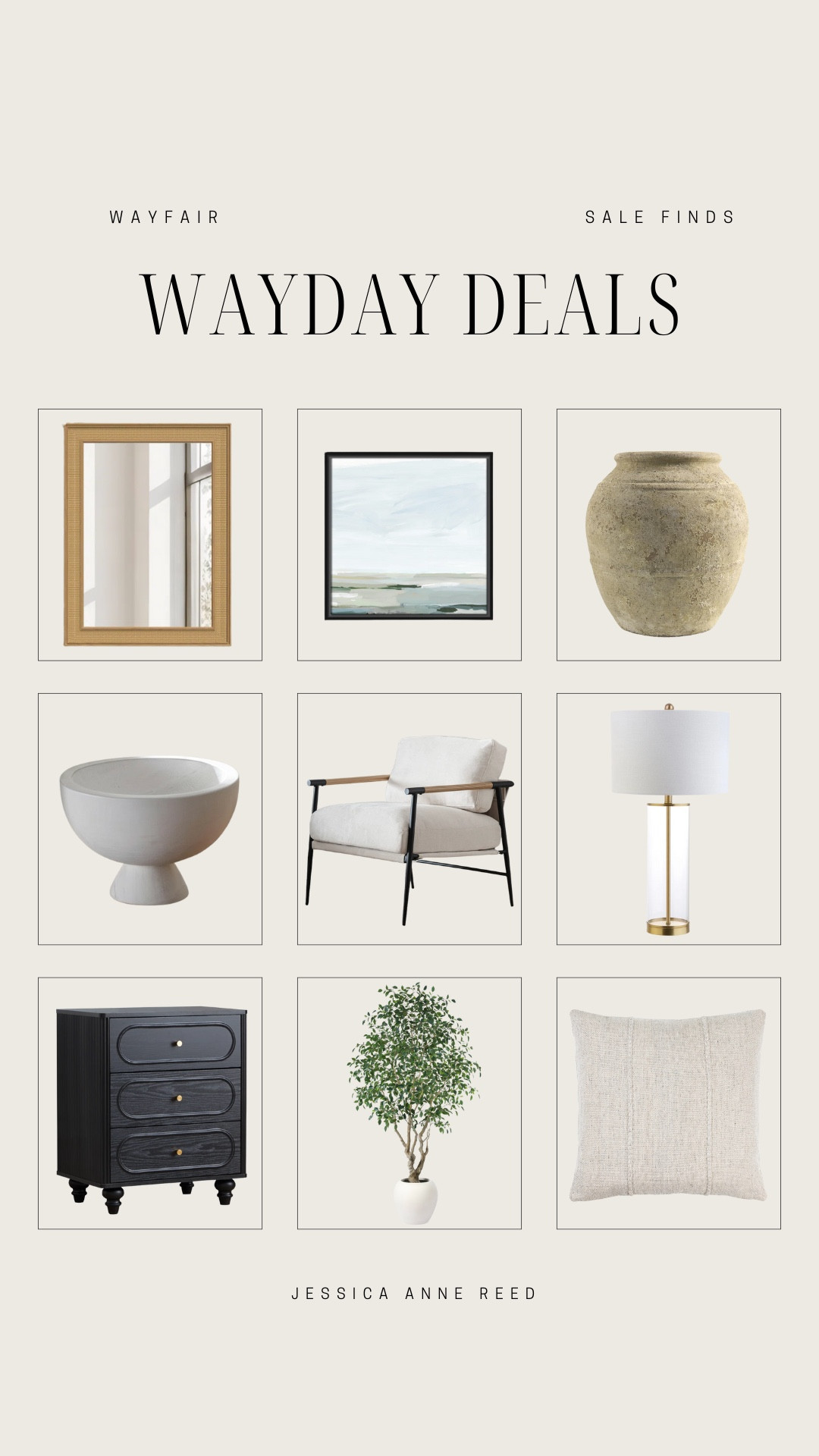 Wayday deals from Wayfair include mirror, wall art, vase, decorative bowl, accent chair, table lamp, nightstand, faux tree, and decorative pillow.

Neutral decor, neutral home decor, sale alert, deal alert

#LTKStyleTip #LTKSaleAlert #LTKFindsUnder50