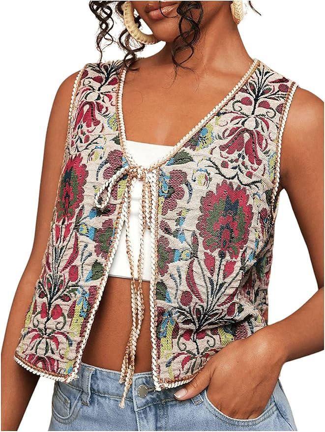 GORGLITTER Women's Western Cardigan Floral Boho Vest Sleeveless Tie Front Trendy Country Concert ... | Amazon (US)
