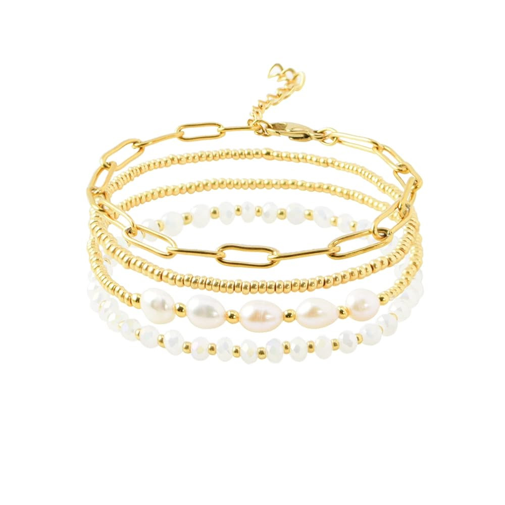 Dainty Gold Pearl Crystal Beaded Bracelets Set for Women 14K Real Gold Plated Bead Pearl Crystal ... | Amazon (US)