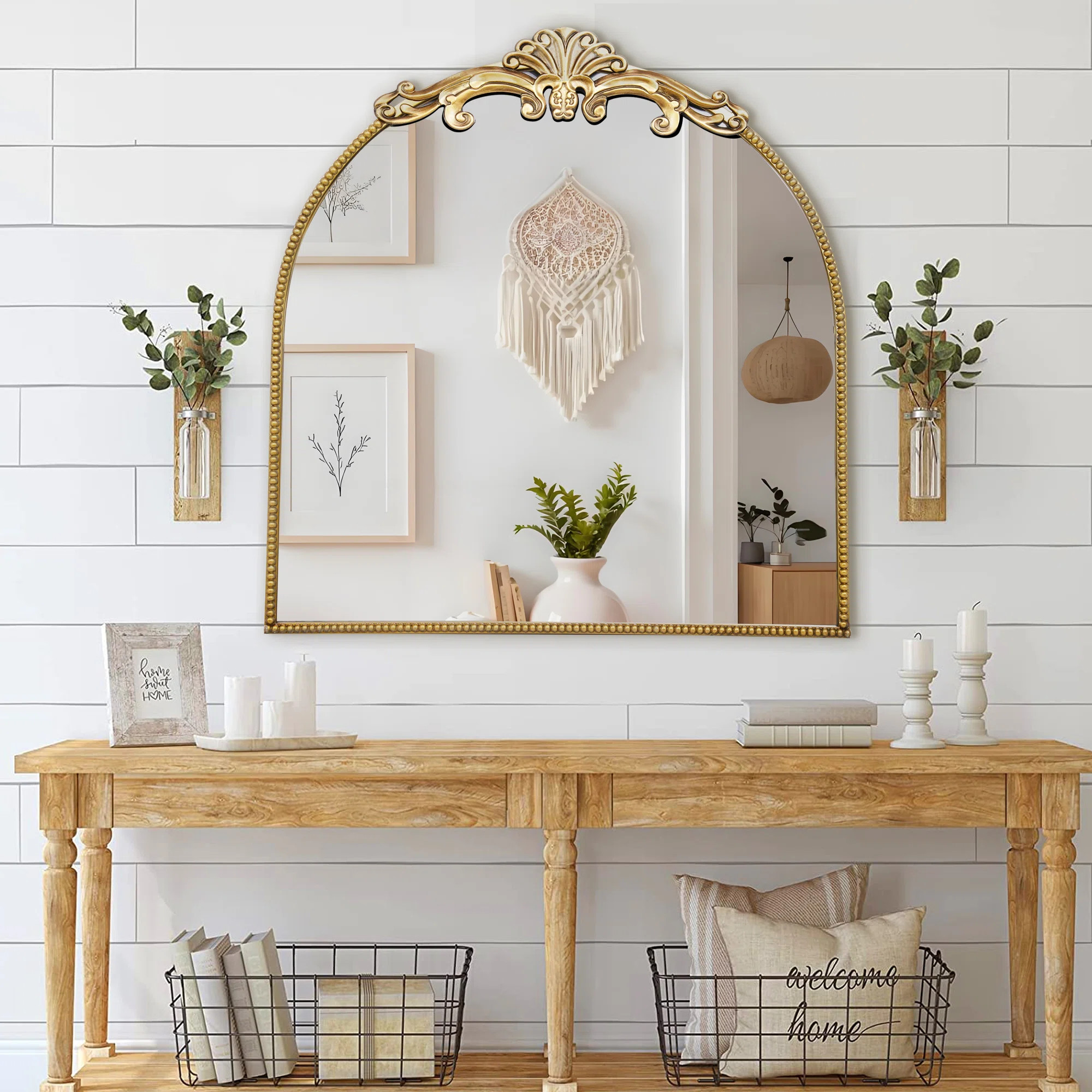 Antique Brass Arched Tamela With Ornate Crest, Vintage Traditional Decorative Wall Mirror | Wayfair North America