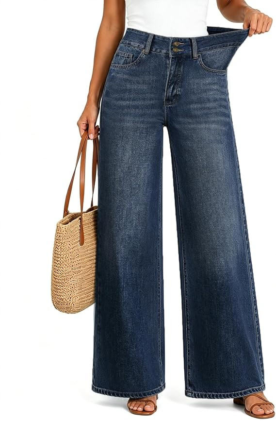Women’s High Waisted Baggy Jeans – Stretchy Wide Leg Tummy Control Straight Leg Denim Pants T... | Amazon (US)
