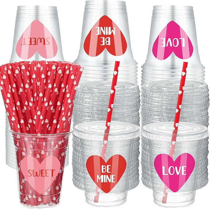 Patelai 120 Set 12 oz Valentine's Day Disposable Cups with Lids and Paper Straws Valentine's Day ... | Amazon (US)