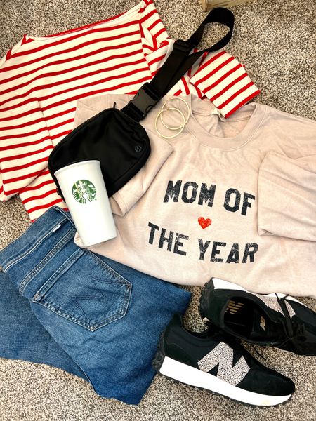Gift idea🎁 for mom
Mom of the year sweatshirt

Back in stock🖤✔️
This is one of my favorite sweatshirts fits true to size and is soft

Mothers jeans frayed hem 

New balance  327 sneakers 

Lululemon belt bag 

Spanx Air essential stripe tee❤️❤️❤️
Save 10% with code . DEARDARCYXSPANX


#LTKstyletip #LTKGiftGuide