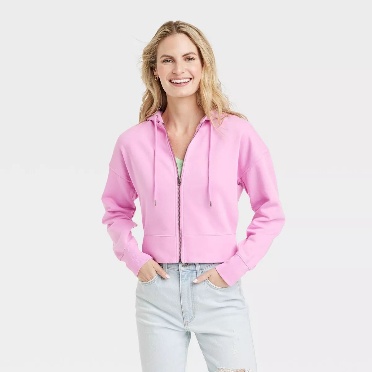 Women's Cropped Hooded Zip-Up Sweatshirt - Universal Thread™ Pink M | Target
