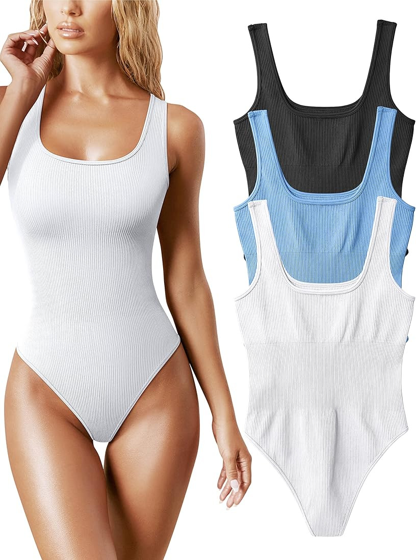 OQQ Women's 3 Piece Bodysuits Sexy Ribbed Sleeveless Square Neck Sleeveless Tank Tops Bodysuits | Amazon (US)