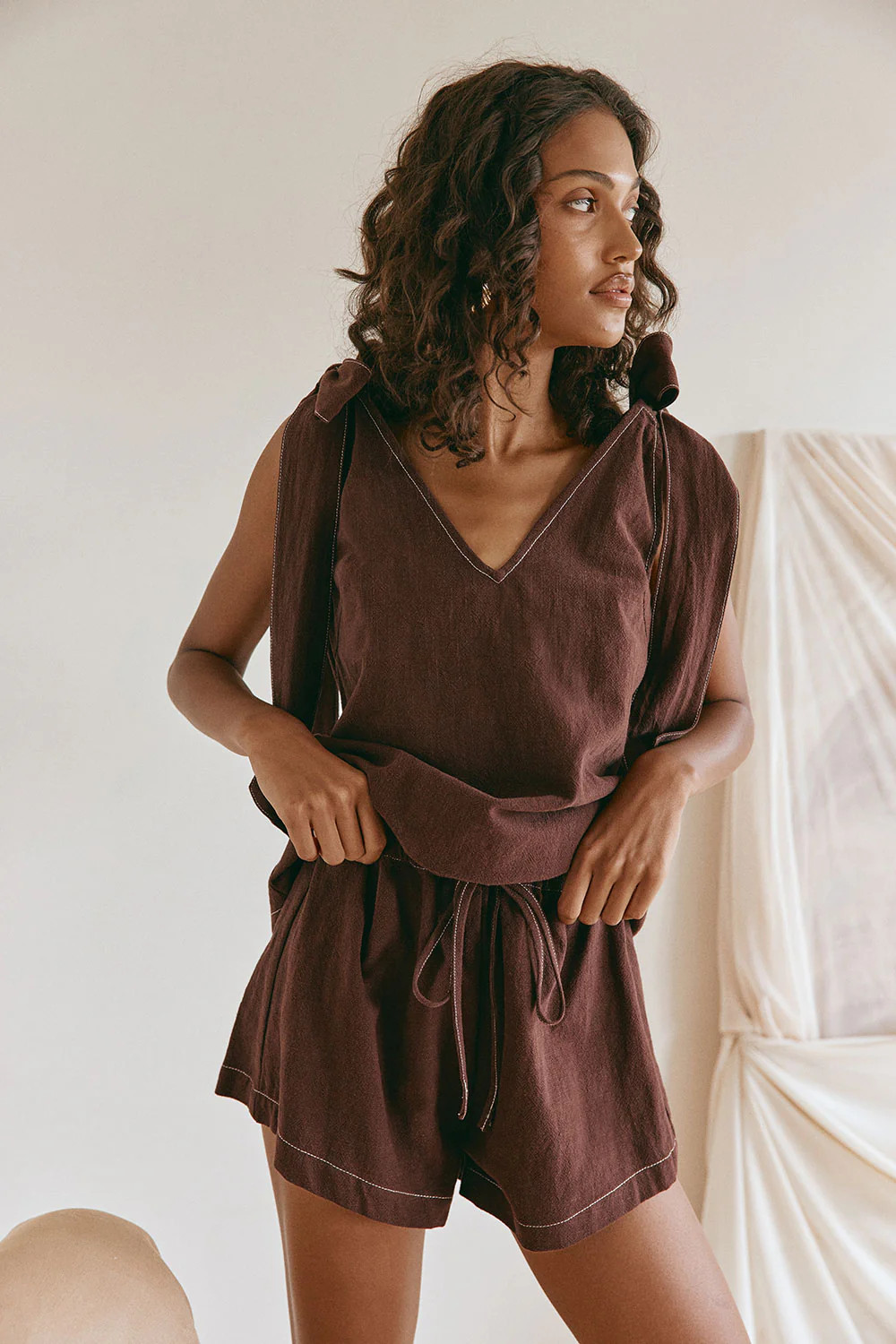 Chocolate Brown Elastic Drawstring Elixir Shorts | Sabo Skirt US