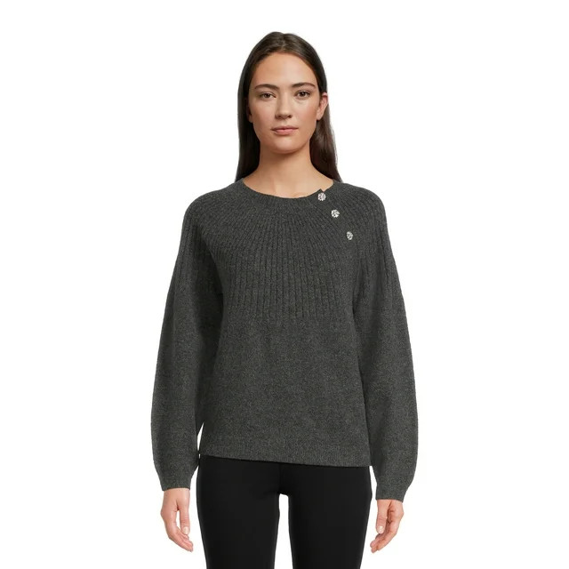 Time and Tru Women's Pullover Sweater with Jewel Like Buttons, Midweight, Sizes S-XXXL | Walmart (US)