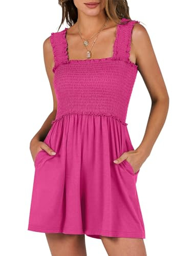 Amazon.com: Caracilia Women's Summer Casual Smocked Rompers Square Neck Sleeveless Loose Shorts J... | Amazon (US)