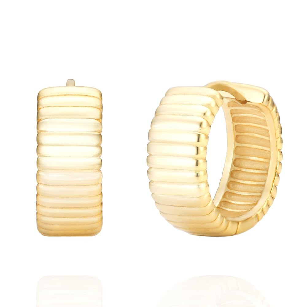925 Sterling Silver 14K Gold Plated 20mm Chunky Dome Huggie Hoop Earrings | Amazon (US)