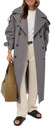 Farktop Womens Oversized Long Trench Coat Double Breasted Lapel Windproof Overcoat with Belt | Amazon (US)