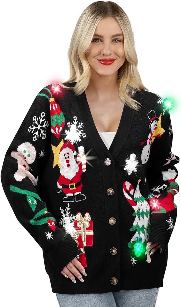 Giggling Getup Women's Ugly Sweater Cardigan, Christmas Light Up Rudolph Reindeer Jumper | Amazon (US)