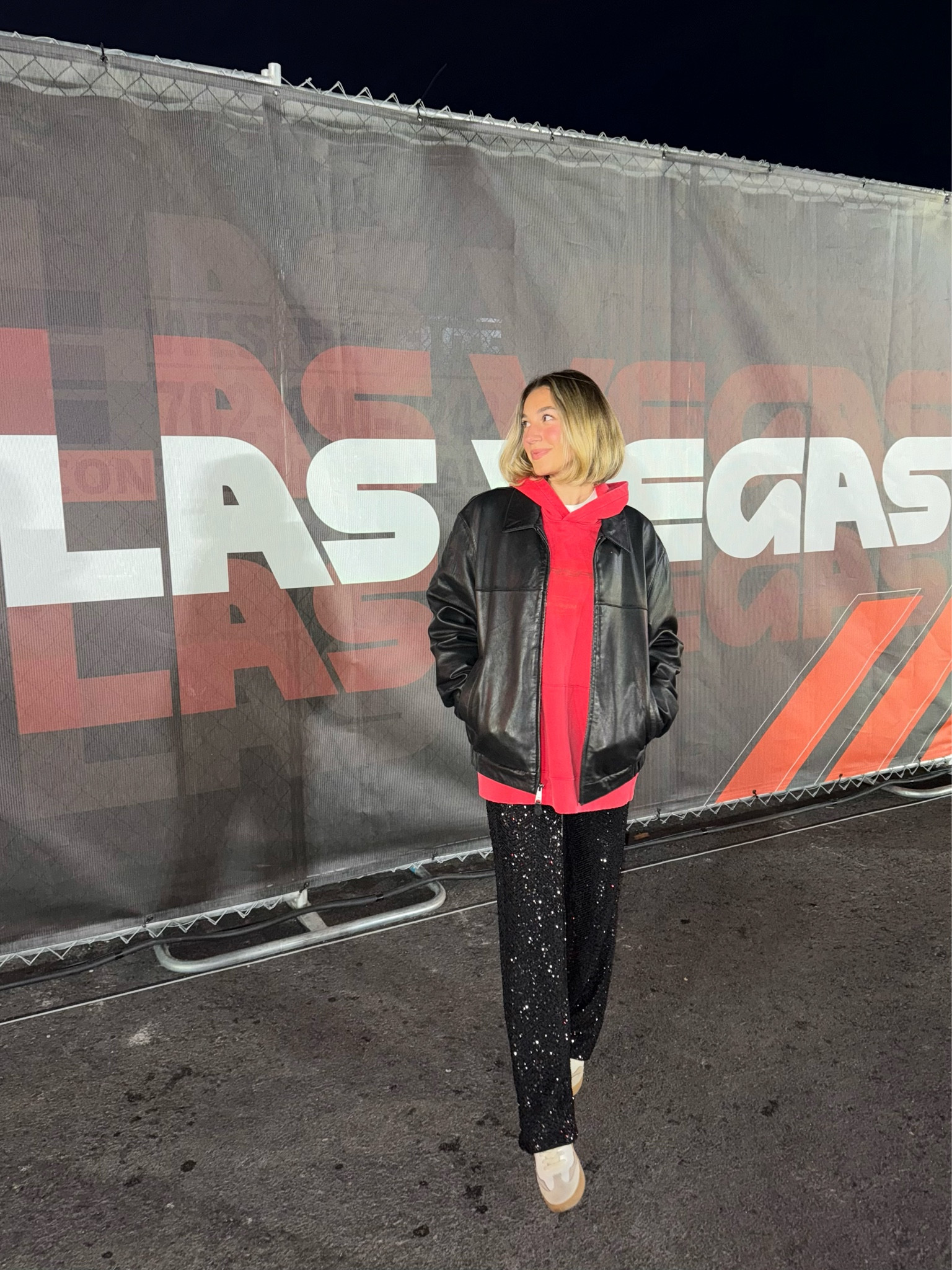 Formula one, formula 1, f1, race outfit, race style, Grand Prix outfit, leather jacket, black leather jacket, Ferrari hoodie, Ferrari sweatshirt, red sweatshirt, sequin pants, black sequin pants, casual sneakers

#LTKSeasonal #LTKTravel #LTKStyleTip