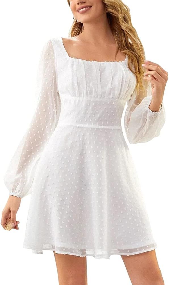 LYANER Women's Polka Dots Square Neck A line Long Sleeve Swiss Dots Mini Dress | Amazon (US)