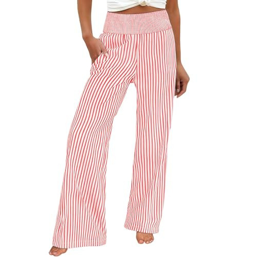 High Waist Striped Pants for Women Summer Straight Leg Loose Fit Casual Trousers with Pockets Casual Travel Linen Pant Red | Amazon (US)
