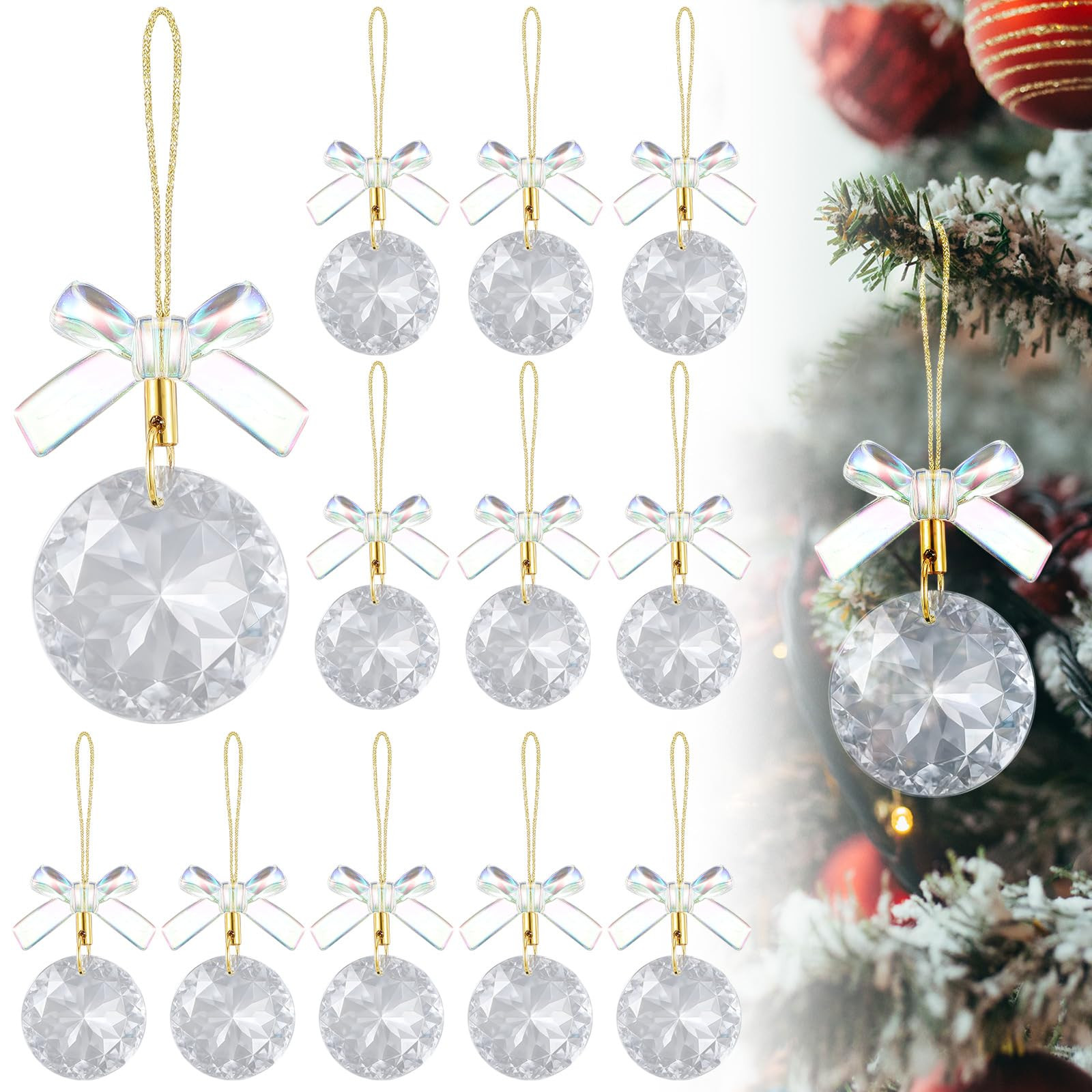 12 Pcs Crystal Glass Christmas Balls Ornaments with Bow Christmas Tree Crystal Ornament Pendant 1... | Amazon (US)