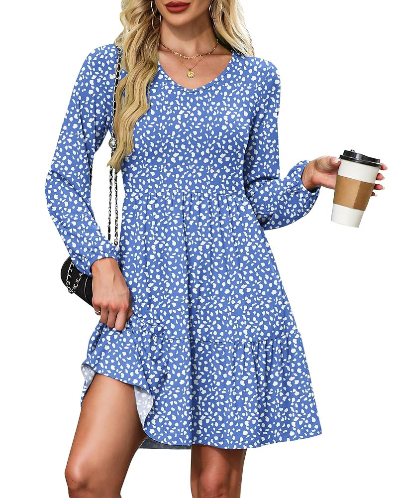 AUSELILY Womens Long Sleeve Dress 2025 Fall Casual V Neck Tiered Swing Flowy A-line Mini Short Dr... | Amazon (US)