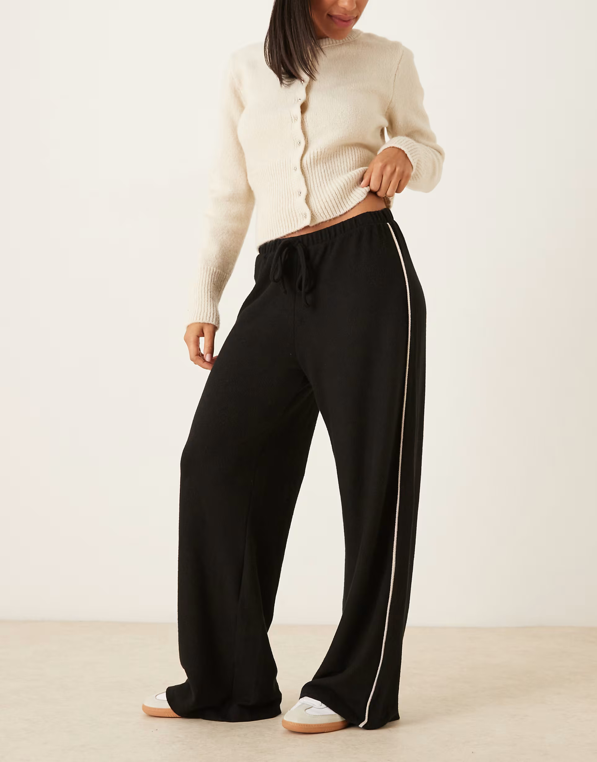 ASOS DESIGN wide leg brushed trouser with piping detail in black | ASOS (Global)