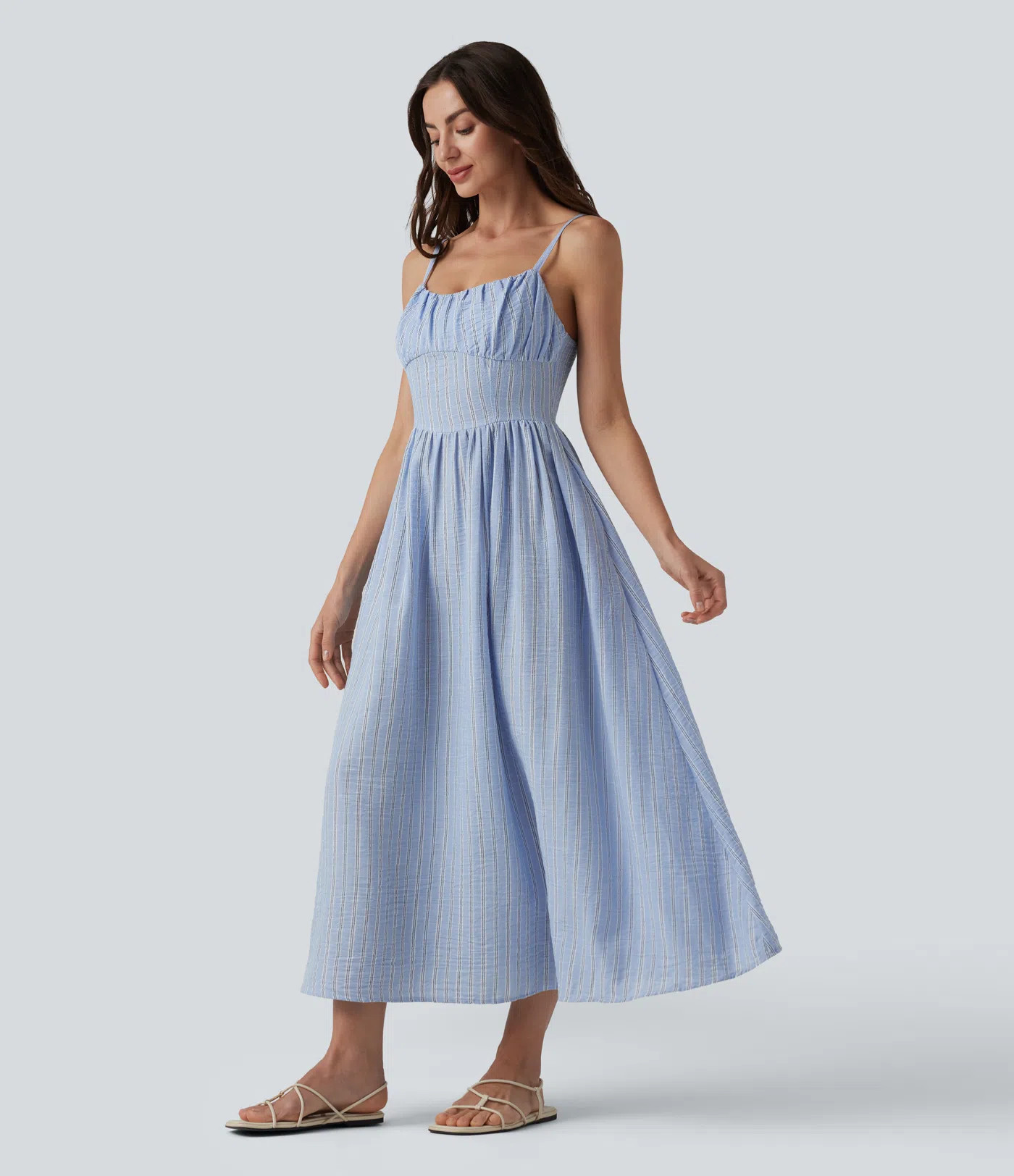 Women’s Corset Lace Up Stripe Flowy Midi Casual Slip Dress with Pockets - Halara | HALARA