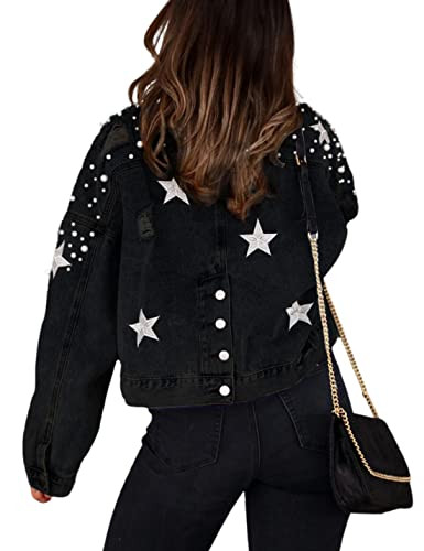 Esmeling Womens Cropped Pearls Beading Jean Jacket Ripped Star Embroidered Denim Jacket Coat | Amazon (US)