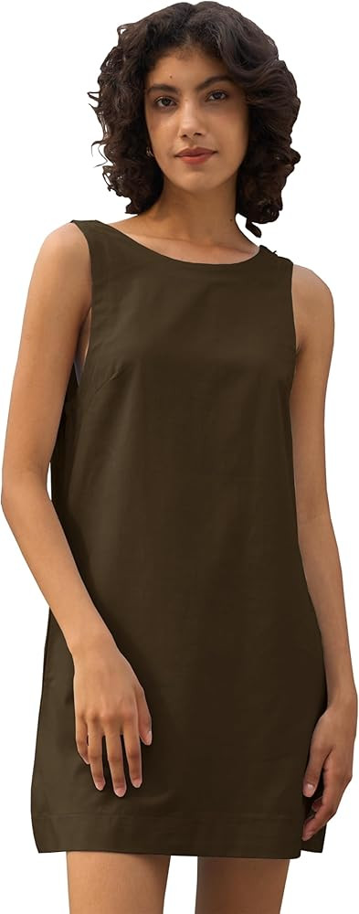 Womens Summer Crew Neck Sleeveless Open Back Dress Casual Beach Sunshine Cotton Linen Mini Dress | Amazon (US)