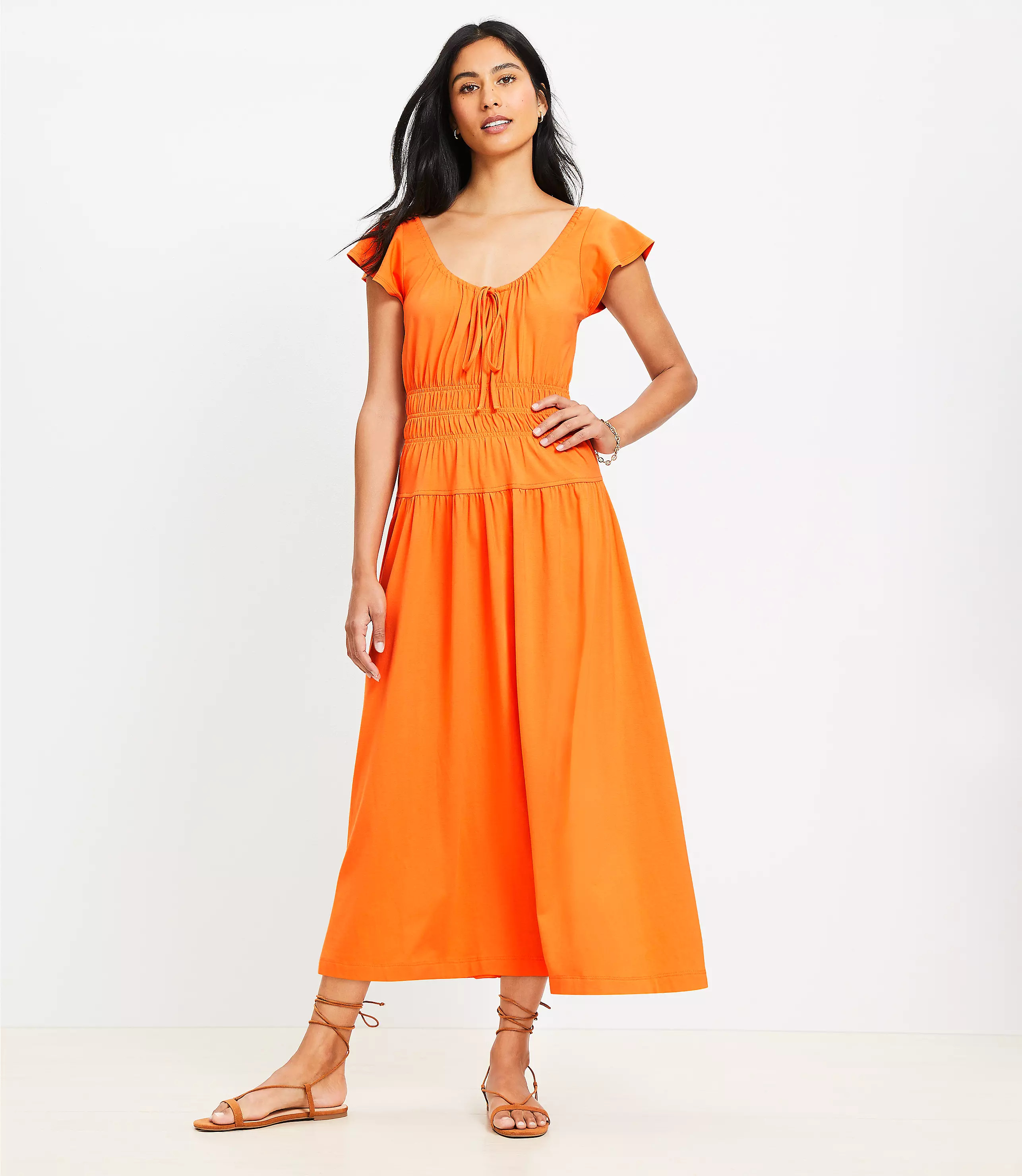 Smocked Flutter Midi Dress | LOFT