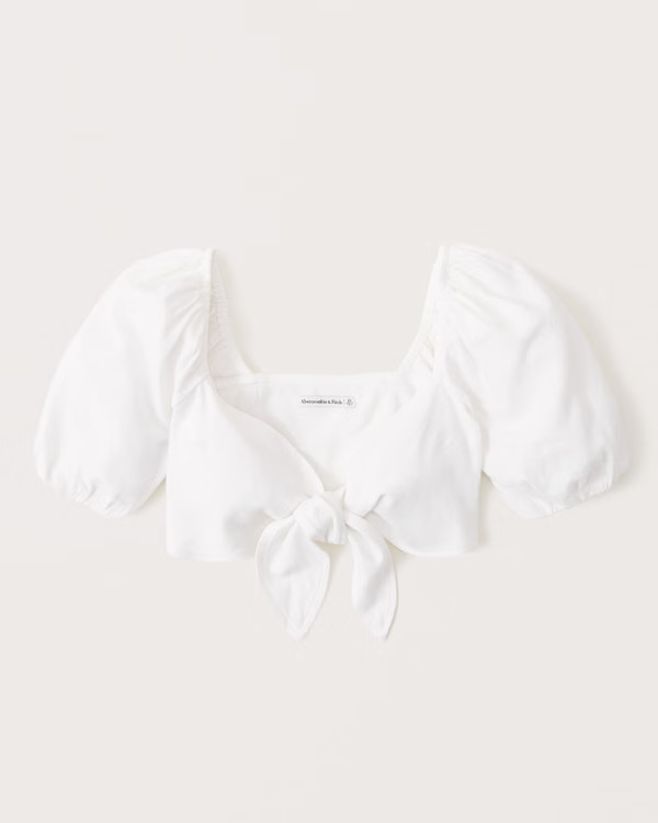 Tie-Front Linen-Blend Puff Sleeve Top | Abercrombie & Fitch (US)