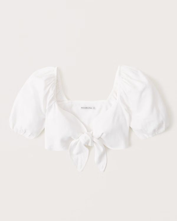 Tie-Front Linen-Blend Puff Sleeve Top | Abercrombie & Fitch (US)