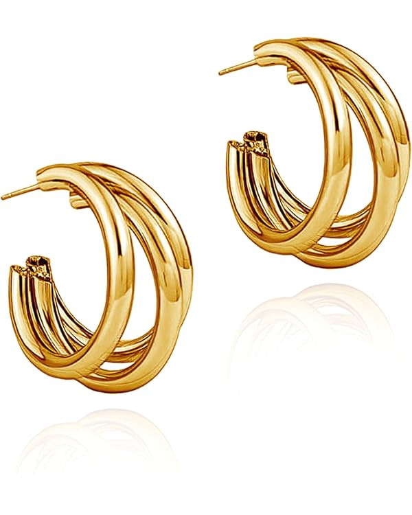 Triple Hoop Earrings, Chunky Gold Hoop Earrings, 14K Gold Plated Earrings for Women, Hypoallergen... | Amazon (US)