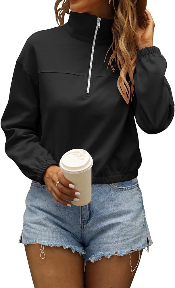 ADREAMLY Women Casual Long Sleeve Collar Sweatshirt Half Zip Pullover Crop Top | Amazon (US)