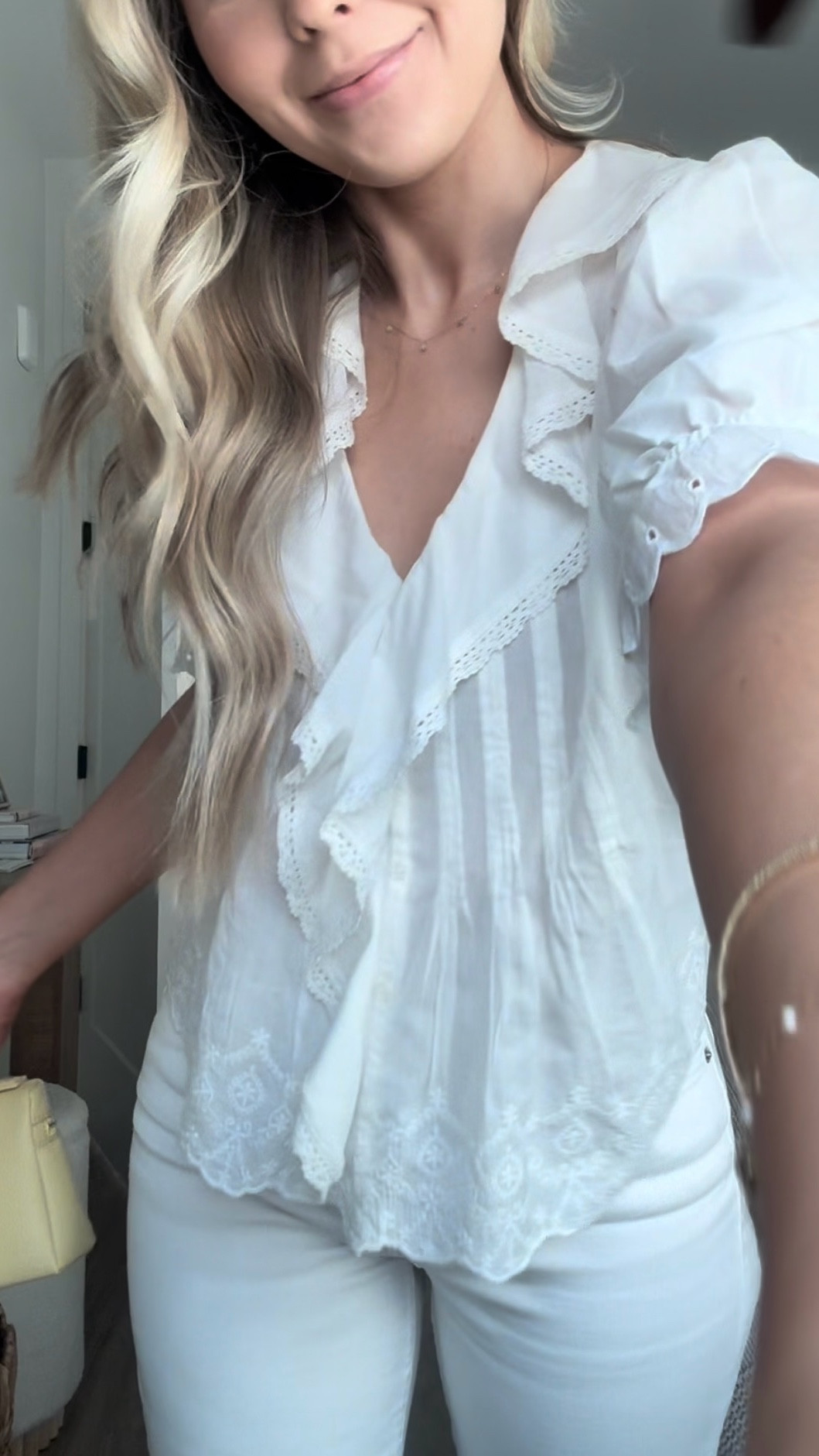 weekend outfit 🤍💛 

madewell top | white ruffle top | yellow mini bag | white jeans | sam edelman sandals | doen top dupe | under $100 | straight leg jeans | white denim | spring outfit 