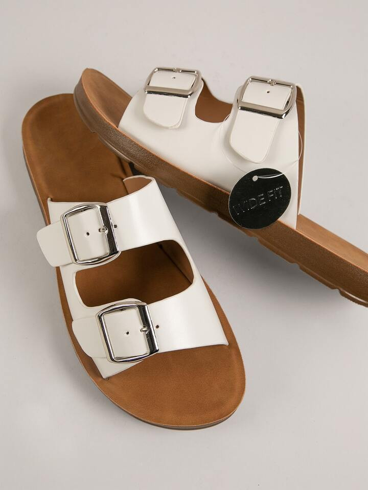 Curve Toe Double Buckle Wide Fit Flat Sandals | SHEIN