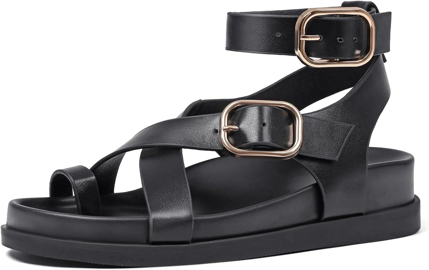 Womens Sandals Ankle Wrap Molded Footbed Flat Sandals Platform Wide Width with Rhinestone Studs B... | Amazon (US)