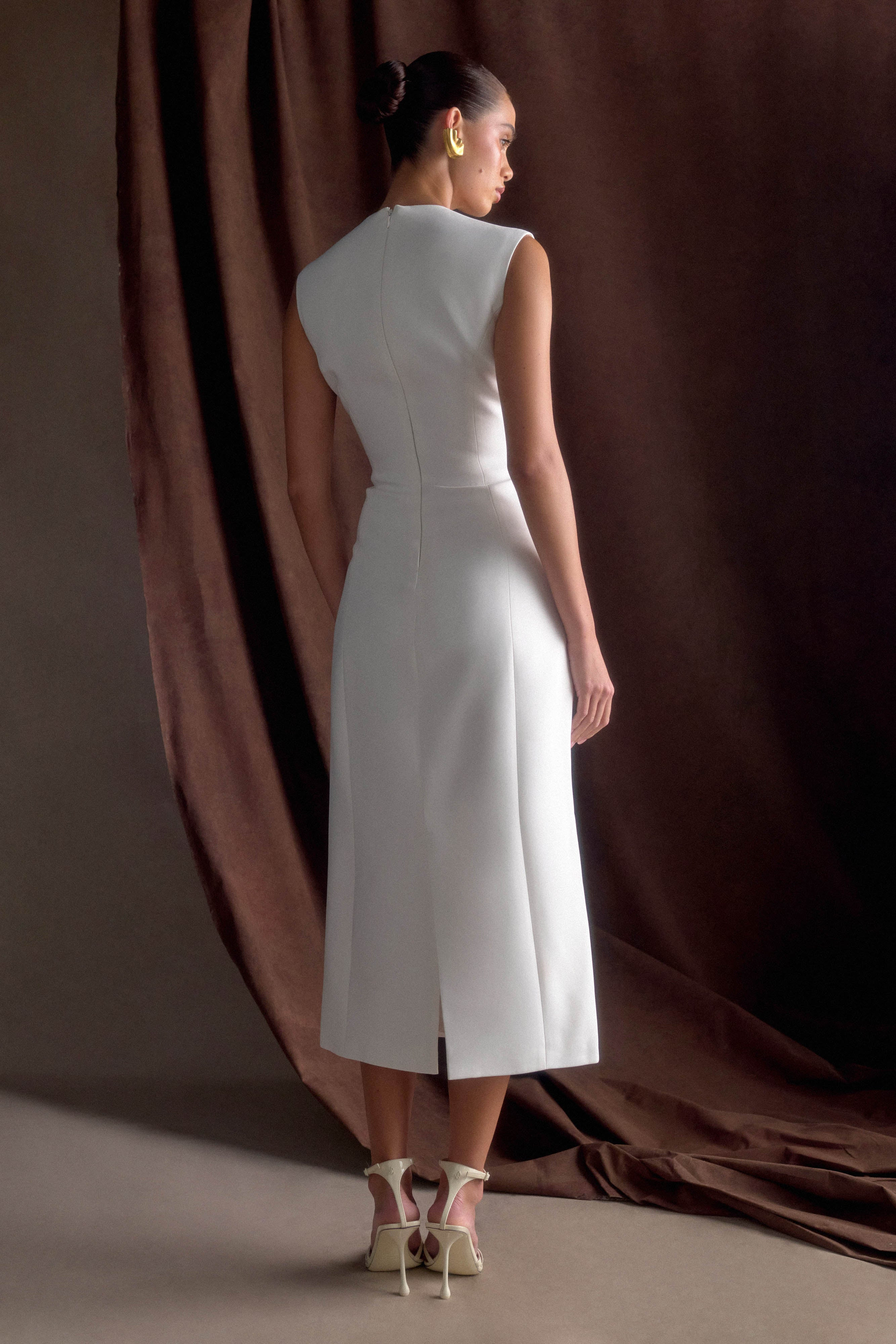Audrine Suiting Sleeveless Midi Dress - Ivory | MESHKI US