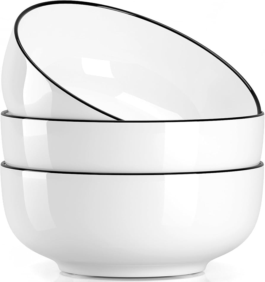 NJCHARMS Large Serving Bowls, 8'' Big Soup Bowl 60OZ Set of 3, White Ceramic Bowl for Kitchen, Ph... | Amazon (US)