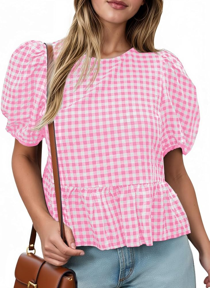 Cicy Bell Womens Puff Sleeve Gingham Blouse Summer Ruffle Peplum Babydoll Tops Cute Plaid Cotton ... | Amazon (US)