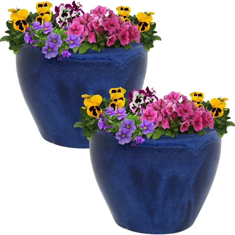 Sunnydaze Set of 2 Chalet High-Fired Glazed Ceramic Planters - Imperial Blue - 12" | Walmart (US)