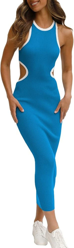 Viottiset Women's Summer Maxi Bodycon Dresses Cut Out Casual Sleeveless Knit Tank Long Dress | Amazon (US)