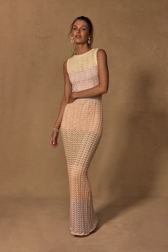 Kirsten Cream Multi Crochet Backless Maxi Dress | Lulus