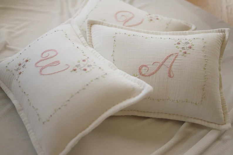 Floral Initial Patterned Handmade Embroidered Baby Pillow, Crib Nursery Babyshower Gift, New Baby... | Etsy (US)
