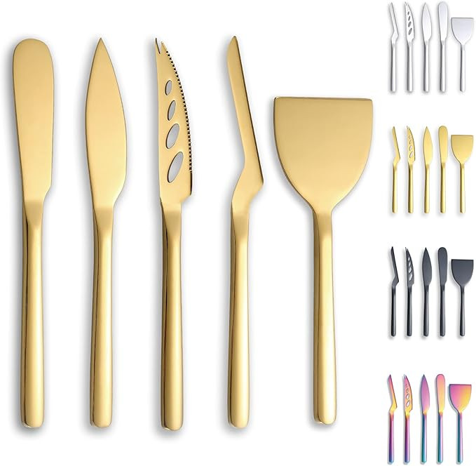 Berglander Gold Cheese Knife Set of 5 for All Types of Cheese, Golden Titanium Plating Cheese Cut... | Amazon (US)