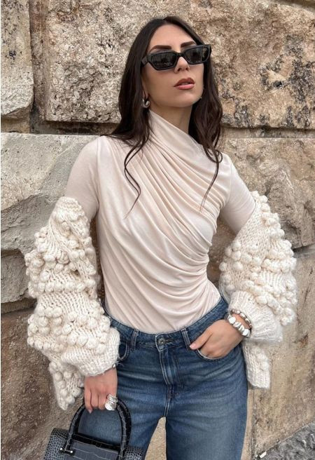 Ruched Long Sleeves Top in Cream for Office Days & Weekend Outings | Chicwish