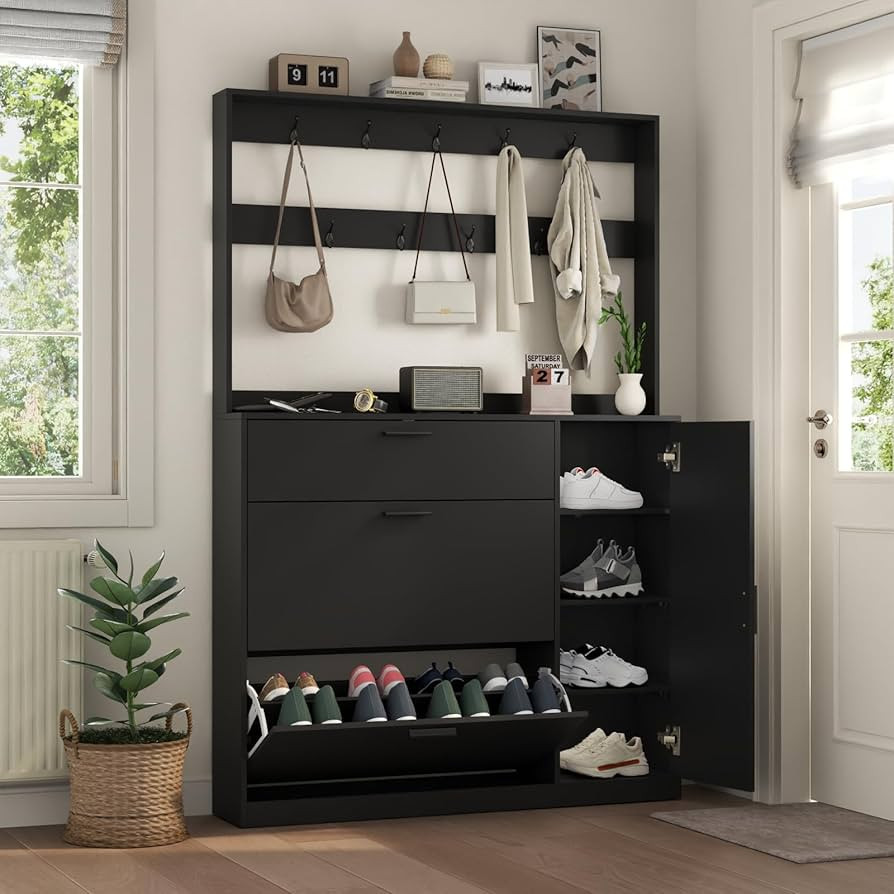 Shoe Cabinet Storage for Entryway, Tall Shoe Organizer Cabinet with Coat Rack & 2 Flip Drawer, Na... | Amazon (US)