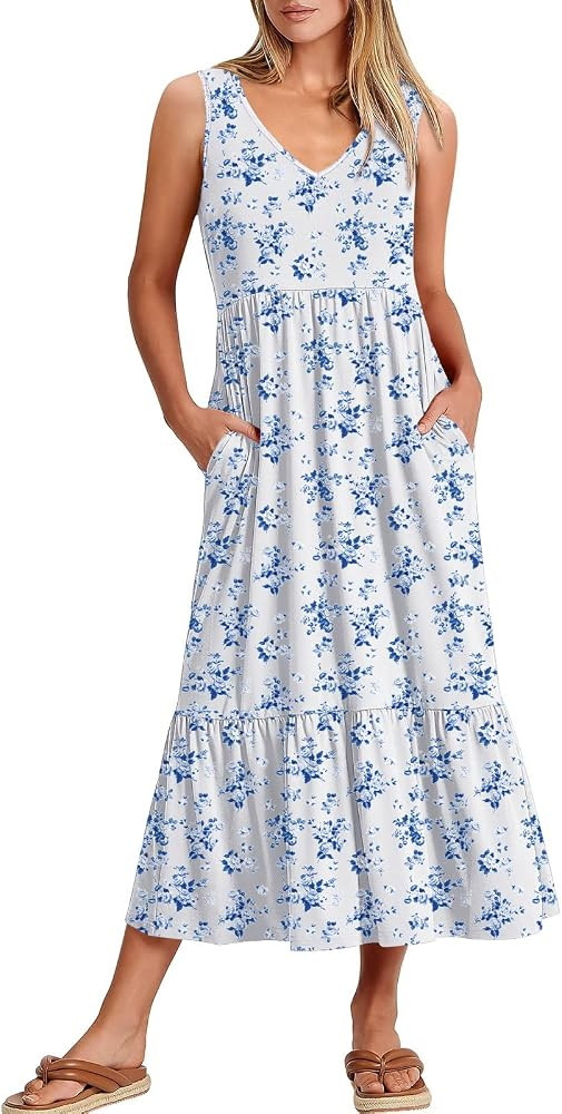 ANRABESS Womens Summer Maxi Dresses Fit & Flare Flowy V Neck Sleeveless Swing Casual Tiered Beach... | Amazon (US)