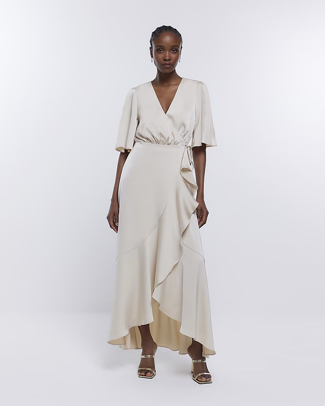 Cream Bridesmaid Waterfall Wrap Maxi Dress | River Island (UK & IE)
