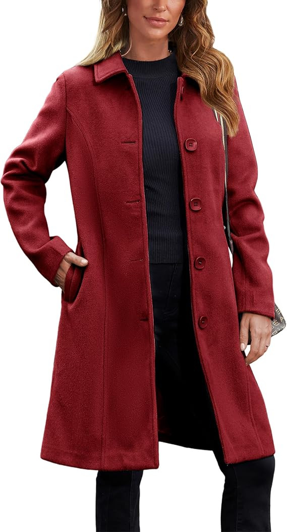 UANEO Womens Pea Coat Faux Wool Single Breasted Long Trench Coat Peacoat Dress Coat Winter | Amazon (US)