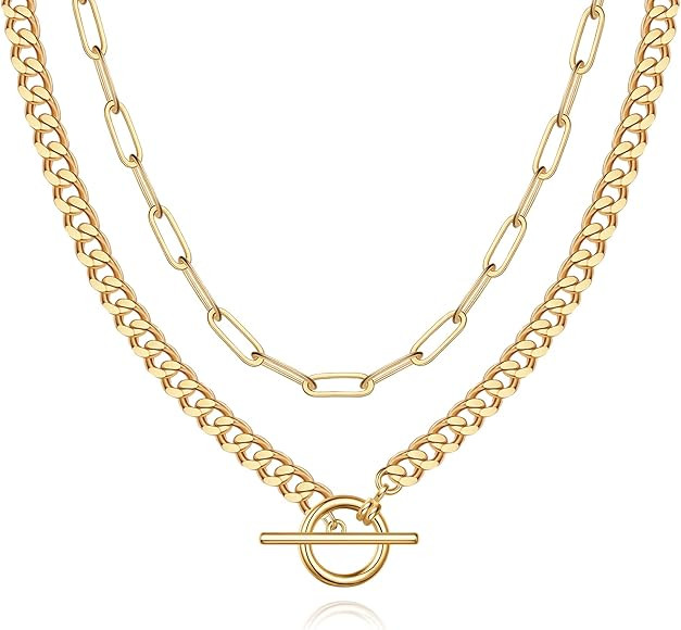 MJartoria Layered Gold Necklace for Women, 14K Gold Plated Trendy Dainty Chain Necklace, Snake Ch... | Amazon (US)